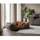 Brauner Hund schläft in einem grauen Cord-Hundebett mit Lederetikett „KNUFFELWUFF“ im Wohnzimmer.