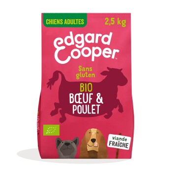 Emballage de nourriture pour chien de la marque Edgard Cooper, 2,5 kg, sans gluten, avec du boeuf et du poulet bio, images de chiens illustrées, et texte "viande fraîche".