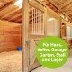 Holzstall-Interieur mit offenen Türen, strohgedecktem Boden und einem blauen Eimer. Text: "Für Haus, Keller, Garage, Garten, Stall und Lager."