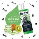 Aloe & Kiwi Hundeshampoo-Flasche mit Pumpe, Cartoon-Hund, Aloe-Scheiben, Kiwi und dem Text "Langanhaltender ALOE & KIWI Duft".