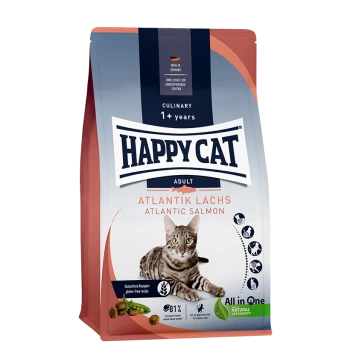 Happy Cat Adult Katzenfutterbeutel mit Atlantischem Lachs, geeignet für Katzen ab 1 Jahr, mit glutenfreier Rezeptur und 81% tierischem Protein.