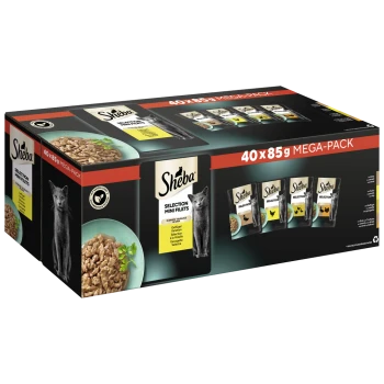 Sheba Selection Mini Filets Mega-Pack, das 40 Beutel mit jeweils 85 g enthält, mit einer Katze und Bildern von Nassfutter für Katzen.