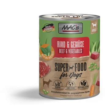 Nourriture en conserve pour chien "MAC's Super Food for Dogs" avec du bœuf, 30 % de légumes, sans céréales, respectueuse du climat, fabriquée en Allemagne.