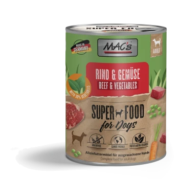 Dosenfutter für Hunde "MAC's Super Food for Dogs" mit Rindfleisch, 30% Gemüse, getreidefrei, klimafreundlich, hergestellt in Deutschland.