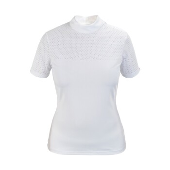 Ein weißes kurzärmliges Hemd mit hohem Kragen, mit einem gepunkteten Muster auf der oberen Hälfte.