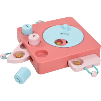 Interaktives Haustier-Puzzle-Spielzeug in Pink und Blau, mit verschiedenen Fächern und sichtbaren Leckereien, beschriftet mit "AniOne Wild Variety."