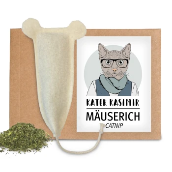 Katzenminze-Produkt mit einer Cartoonkatze namens Kater Kasimir, die eine Brille und einen Schal trägt, mit einem Stoffbeutel und getrockneter Katzenminze.