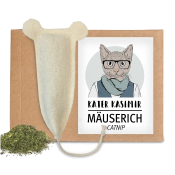 Katzenminze-Produkt mit einer Cartoonkatze namens Kater Kasimir, die eine Brille und einen Schal trägt, mit einem Stoffbeutel und getrockneter Katzenminze.