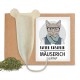 Katzenminze-Produkt mit einer Cartoonkatze namens Kater Kasimir, die eine Brille und einen Schal trägt, mit einem Stoffbeutel und getrockneter Katzenminze.