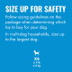 Blue sign: "SIZE UP FOR SAFETY" with pet toy sizing advice and small dog icon labeled "XS ≤ 4 lb ≤ 2 kg".