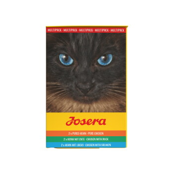 Nahaufnahme einer schwarzen Katze mit blauen Augen neben einem Josera Katzenfutter-Multipack mit Hühnchen-, Enten- und Lachs-Geschmack.