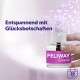 Hand hält FELIWAY Classic-Fläschchen mit Funkeln; deutscher Text 'Entspannend mit Glücksbotschaften' und Icon '30 Tage'.