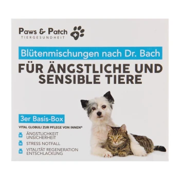 Paws & Patch Produktbox für Haustiere, mit einem Hund und einer Katze. Der Text lautet: "Blütenmischungen nach Dr. Bach für ängstliche und sensible Tiere."
