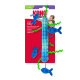 Baguette en peluche bleue à l'herbe à chat en forme d'algue avec quatre petits poissons bleus et rubans ondulés verts sur une carte de fond rouge étiquetée CATNIP et KONG.