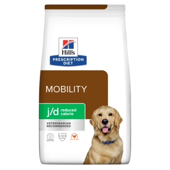 Hill's Prescription Diet Mobility Hundefutterbeutel mit einem Golden Retriever, beschriftet mit "j/d reduzierte Kalorien" und als "Vom Tierarzt empfohlen" gekennzeichnet.