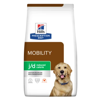 Hill's Prescription Diet Mobility Hundefutterbeutel mit einem Golden Retriever, beschriftet mit "j/d reduzierte Kalorien" und als "Vom Tierarzt empfohlen" gekennzeichnet.