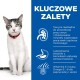 Szary i biały kot z zielonymi oczami siedzi na niebieskim tle z napisem "KLUCZOWE ZALETY" i wymienia korzyści zdrowotne.