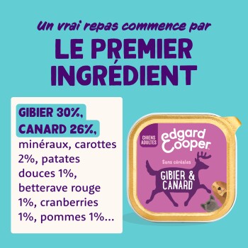 Barquette Edgard Cooper 'Gibier & Canard' ; titre 'Le premier ingrédient' ; ingrédients : Gibier 30 %, Canard 26 %, carottes 2 %