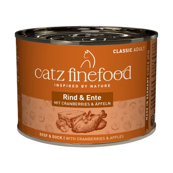 Boîte de nourriture pour chat Catz Finefood Classic Adult, bœuf et canard avec canneberges et pommes, fabriquée en Allemagne depuis 2010.