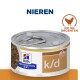 Hill's Prescription Diet k/d blikvoer voor huisdieren voor de gezondheid van de nieren, met kip en groenten, gelabeld "Nieren" en "Kip en Groenten."