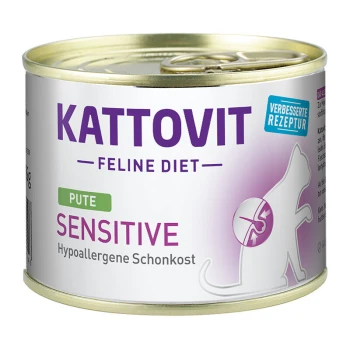 Kattovit Feline Diet Sensitive Katzenfutterdose, mit einem lila und weißen Design, beschriftet mit "Pute" und "Hypoallergene Schonkost."