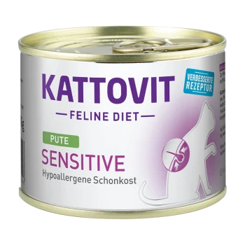 Kattovit Feline Diet Sensitive Katzenfutterdose, mit einem lila und weißen Design, beschriftet mit "Pute" und "Hypoallergene Schonkost."