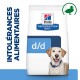 Sac de nourriture pour chien Hill's Prescription Diet d/d avec un labrador jaune, avec le texte "Intolérances Alimentaires" à gauche.