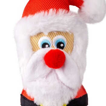 Santa Claus plush dog toy with red nose and hat, white beard, and blue eyes on a white background
