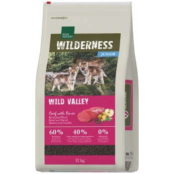 Worek karmy Real Nature WILDERNESS Junior „Wild Valley” Wołowina z mięsem końskim, 60%/40%/0%, 12 kg, zdjęcie szczeniąt wilka