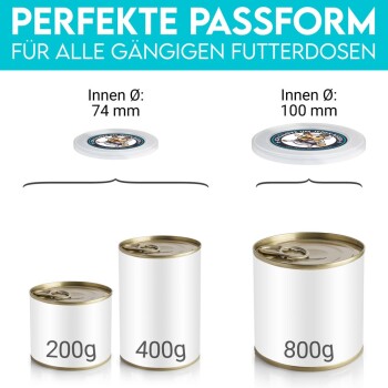 Bild, das Deckel von Haustierfutterdosen mit zwei Größen zeigt: 74 mm und 100 mm Innendurchmesser, neben Dosen, die mit 200g, 400g und 800g beschriftet sind.