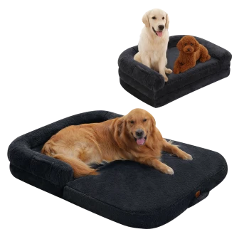 Schwarzes Plüsch-Wandelbares Hundebett, gezeigt in Sofa- und flacher Bett-Position mit drei Hunden darauf.