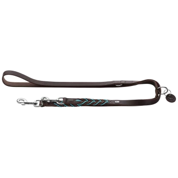 Braune Leder-Hundeleine mit türkisfarbenem geflochtenem Detail und einem silbernen Clip, mit einem kleinen Anhänger mit einem Hundesilhouette.
