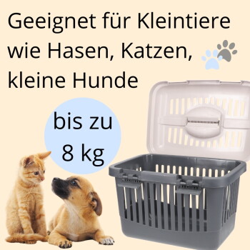 Graue Kunststoff-Transportbox mit offenem Deckel neben einem Kätzchen und einem Welpen; deutscher Text: "Geeignet für Kleintiere... bis zu 8 kg".