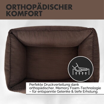 Ein schlafender Französischer Bulldogge auf einem weichen, strukturierten Haustierbett mit dem Text "sweet dreams." Merkmale sind Cord-Stoff, Memory-Schaum und Anti-Rutsch.