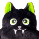 Plush black cat pet toy with neon-green inner ears and eyes, embroidered nose and mouth, stitched white fangs.