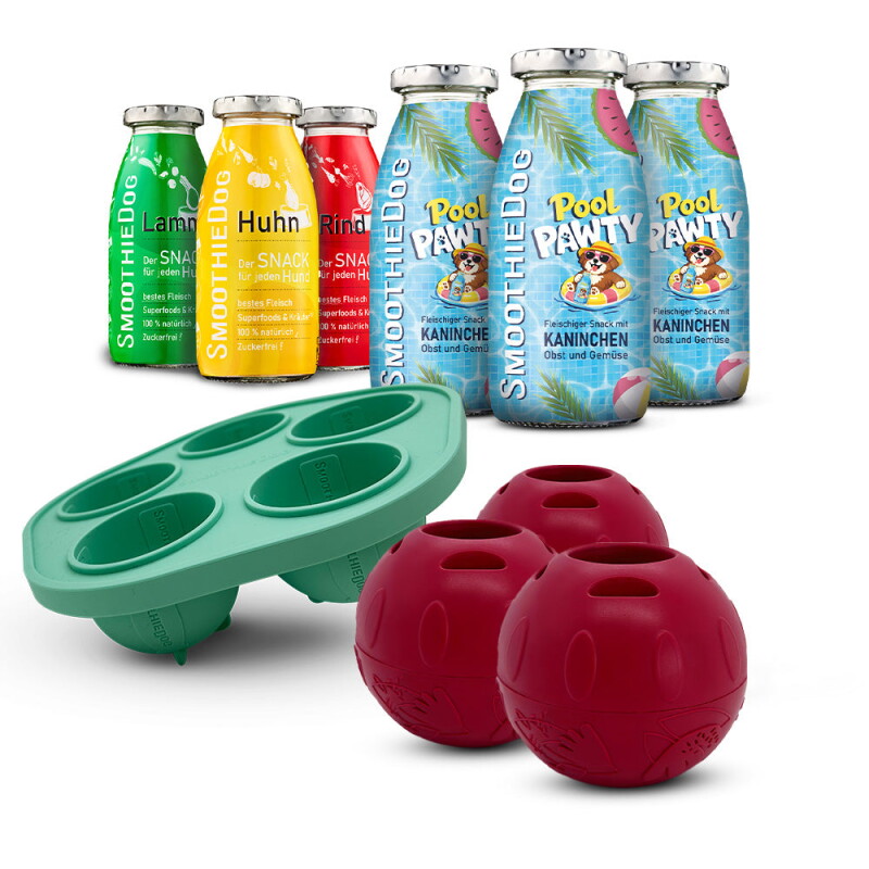 SmoothieDog Summer-Edition 3x 250 ml + Klassik-Paket 3x 250 ml + Schleckball 3 Stück