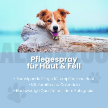 Eine Sprühflasche beschriftet mit "ALPHAZOO Beauty Brandlöscher" für Haustiere, bietet Linderung bei Juckreiz und Pilzen mit natürlichen Inhaltsstoffen.