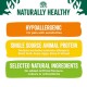 Pet food label titled "NATURALLY HEALTHY" highlights "HYPOALLERGENIC," "SINGLE SOURCE ANIMAL PROTEIN," and "SELECTED NATURAL INGREDIENTS."