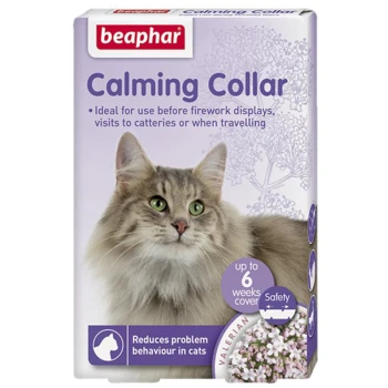 Beaphar Calming Collar packaging shows a fluffy gray cat. Highlights: "Ideal before fireworks," "up to 6 weeks," "Reduces cat behavior issues."