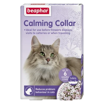 Beaphar Calming Collar packaging shows a fluffy gray cat. Highlights: "Ideal before fireworks," "up to 6 weeks," "Reduces cat behavior issues."