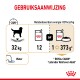 Infographic met voedingsrichtlijnen voor een 32 kg volwassen Labrador Retriever, die 12 blikken of 1 blik plus 373g droogvoer aanbeveelt, met watericoon.