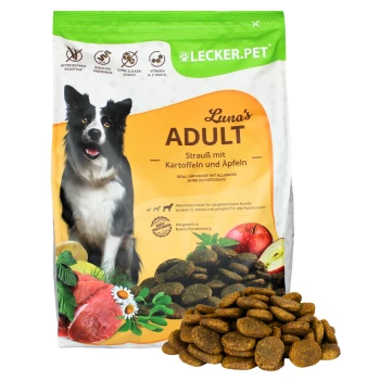 Hundetrockenfutterbeutel mit der Aufschrift "Luna's ADULT", mit einem Border Collie, mit Zutaten wie Strauß, Kartoffeln und Äpfeln.