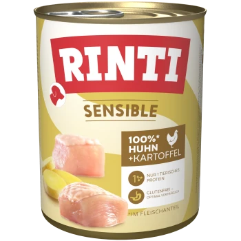 Dosen-Hundefutter mit der Aufschrift "Rinti Sensible," das 100% Huhn und Kartoffeln enthält, mit Angaben zu einer einzigen Tierproteinquelle und glutenfrei.