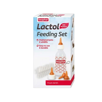 Beaphar Lactol Feeding Set box with a milk replacer bottle, two nipples, a cleaning brush, and info for orphaned pets and wildlife.