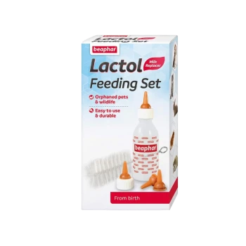 Beaphar Lactol Feeding Set box with a milk replacer bottle, two nipples, a cleaning brush, and info for orphaned pets and wildlife.