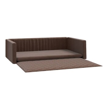 Braunes Haustiersofa mit einer abnehmbaren, gesteppten Matte, mit modernem Design und niedriger Rückenlehne, ideal für kleine Hunde oder Katzen.