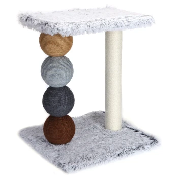 quadratischer Kratzbaum mit Perlen Katzenbaum Katzenbaum mit einem plüschigen grauen Oberteil, vier bunten Seilbällen als Basis und einem Sisal-Kratzbaum, entworfen für das Spielen und Ausruhen von Katzen.