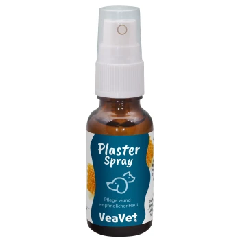 Braune Sprühflasche mit der Aufschrift "Pflaster Spray" für empfindliche Hautpflege, mit einer Hundegrafik und der Marke "VeaVet."
