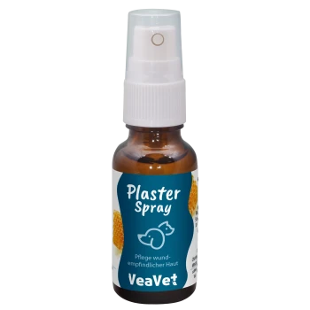 Braune Sprühflasche mit der Aufschrift "Pflaster Spray" für empfindliche Hautpflege, mit einer Hundegrafik und der Marke "VeaVet."