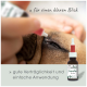 Eine Person, die 'zealVet Augenpflege' Augentropfen ins Auge eines Hundes aufträgt, mit Text über gute Verträglichkeit und einfache Anwendung.